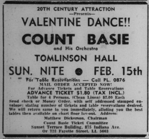 Advertisement for a Valentine's dance at Tomlinson Hall